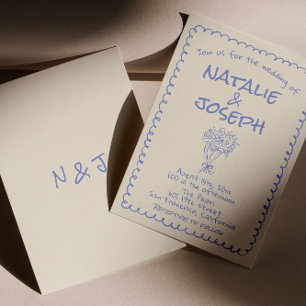 Retroblaue handgezeichnete funky quirky Hochzeit Einladung