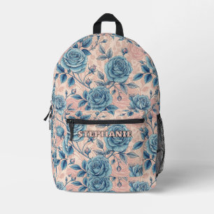 Retroblaue Rosenmuster auf weichem rosa Hintergrun Bedruckter Rucksack