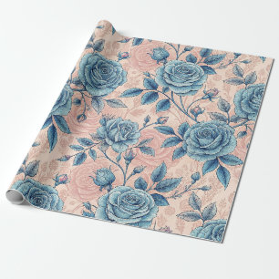 Retroblaue Rosenmuster auf weichem rosa Hintergrun Geschenkpapier