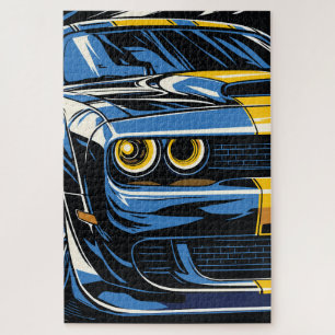 Retroblaues Muscle-Car-Front-Pop-Art-Illustration Puzzle