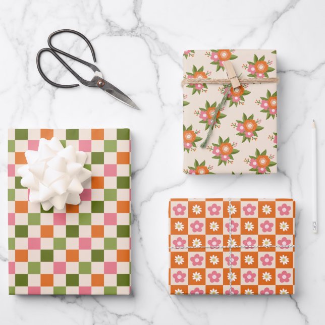 Retroflorale und Karton rosa orange grün Geschenkpapier Set (Vorderseite)