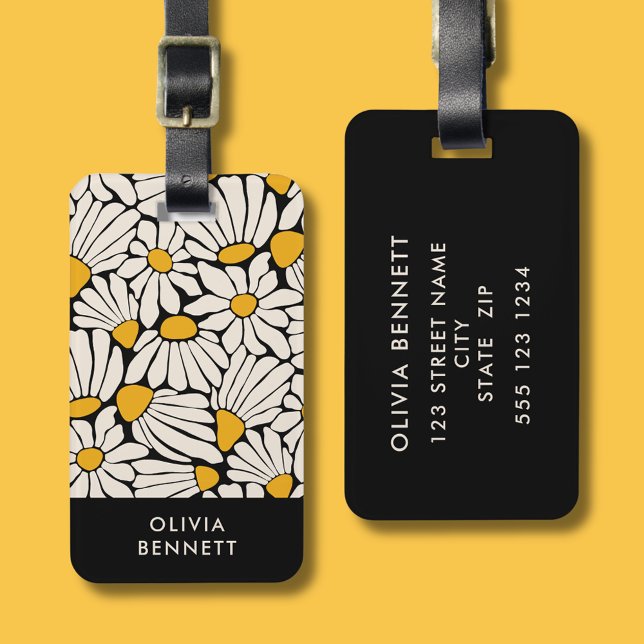 Retrofloraler schwarzer gelber Block Gepäckanhänger (Stylish retro floral modern luggage tag with cream + yellow mosaic flowers on black background.)