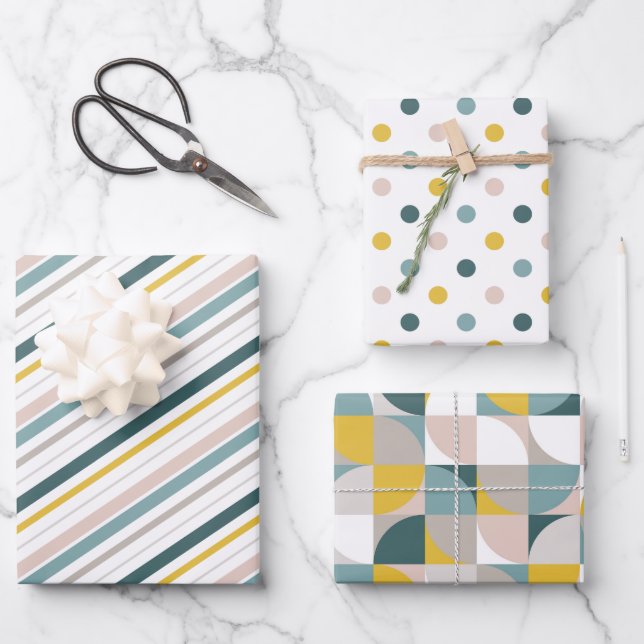 RetroMod Patterns Aqua Teal Blue Blush Pink Yellow Geschenkpapier Set (Vorderseite)