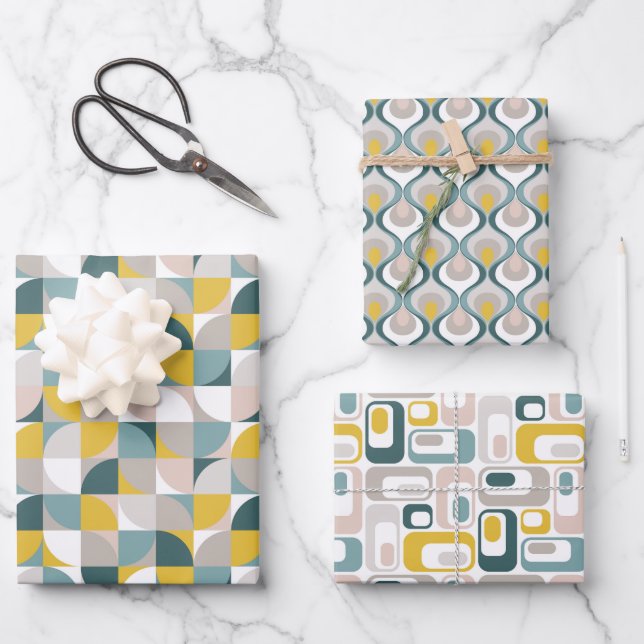 RetroMod Patterns Aqua Teal Blue Blush Pink Yellow Geschenkpapier Set (Vorderseite)