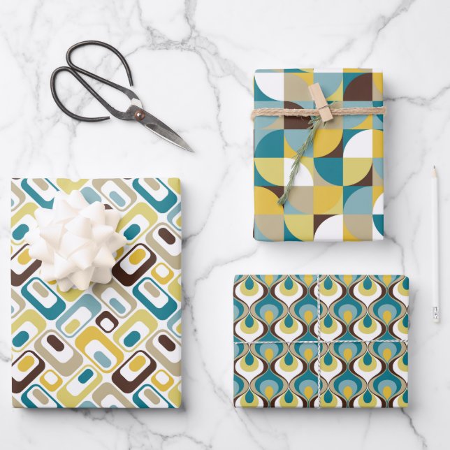 RetroMod Patterns Teal Blue Brown Mustard Yellow Geschenkpapier Set (Vorderseite)
