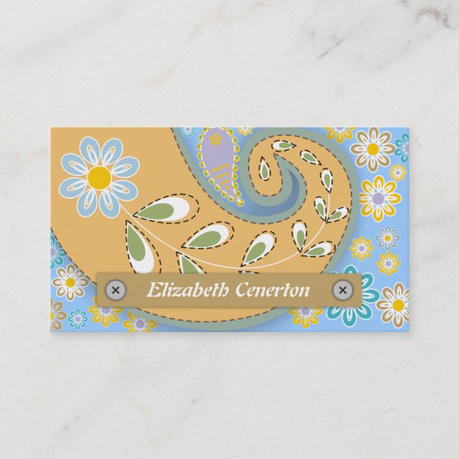 Retropfirsich, blaues Paisleymotiv, floralblütig Visitenkarte (Vorderseite)
