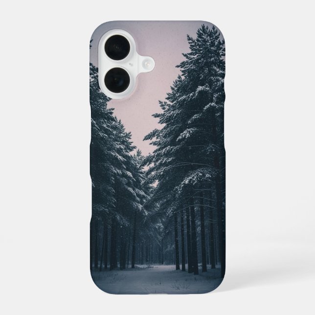Retroschneefall im Kiefernwald iPhone 16 Hülle (Rückseite)