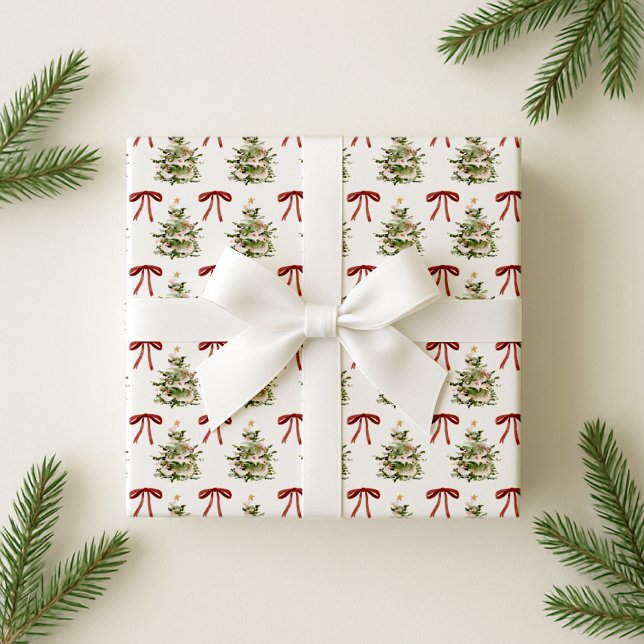 Retrovibe, rote Bogen und Weihnachtsbaummuster Geschenkpapier (Von Creator hochgeladen)