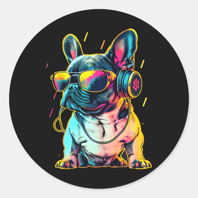 Retrowave French Bulldog mit Kopfhörern und Sungle Runder Aufkleber (Vorderseite)