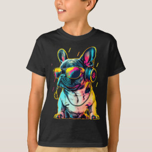 Retrowave French Bulldog mit Kopfhörern und Sungle T-Shirt
