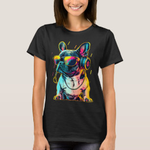 Retrowave French Bulldog mit Kopfhörern und Sungle T-Shirt