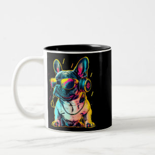 Retrowave French Bulldog mit Kopfhörern und Sungle Zweifarbige Tasse