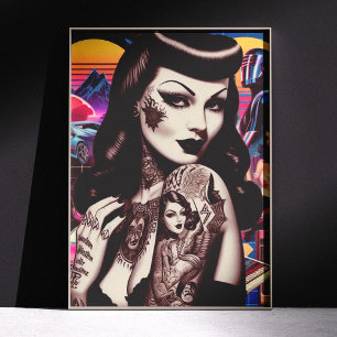 Retrowave-Tätowierte-Pin-up-Collage Poster