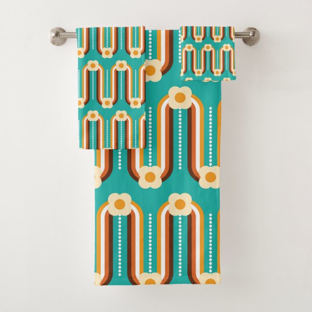 Retrowellen und Blume, Aquamarin, orange, Schokola Badhandtuch Set (Insitu)