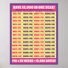 Rett $2.000 in einem Jahr! Geldziele rosa und Lila Poster