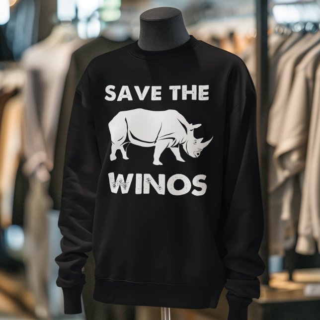 "Rett the Winos" Funny Wine Rhino Sweatshirt (Black sweatshirt with "Save the Winos" and a rhino graphic displayed on a mannequin in a clothing bo)