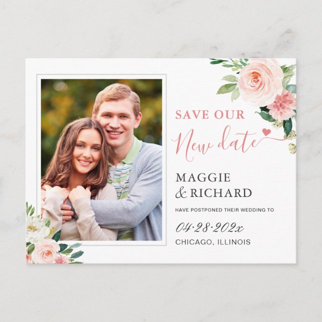 Rett unser neues Date Blush Pink Chic Floral Foto Postkarte (Vorderseite)