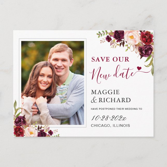 Rett unser neues Date Burgundy Red Floral Foto Postkarte (Vorderseite)
