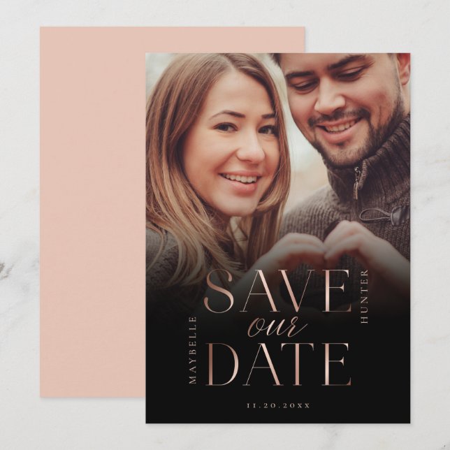 Rett unserer Date Rose Gold Full Foto Black Gradie Save The Date (Vorne/Hinten)