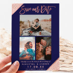 Rett unserer Datums-Rose Gold Marine Foto Gitter C Ankündigungspostkarte<br><div class="desc">Rett unsere Datums-Typografie 3 Foto Gitter Collage mit modernen Rose Gold Glitzer Streifen geometrisch mit Marineblau.</div>