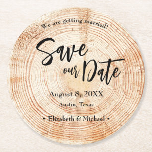 Rett unseres Datums Holzkorn Hochzeit Rustikal Runder Pappuntersetzer