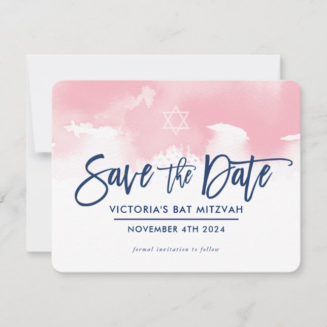 RETTE DAS DATUM MITZVAH moderne hellrosa Wasserfar Save The Date (Vorderseite)