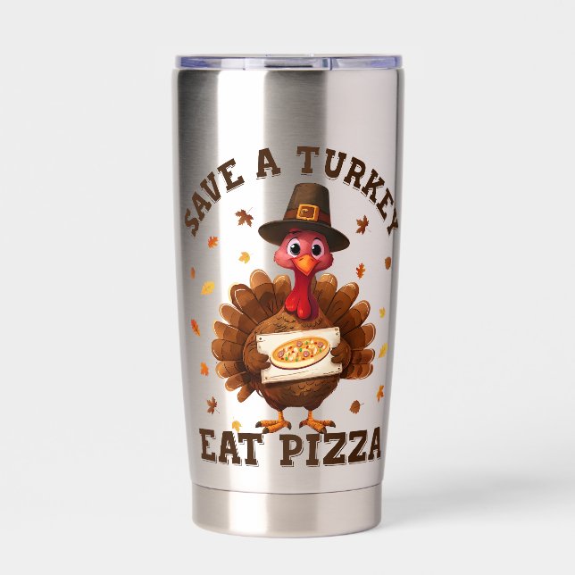 Rette einen Truthahn, iss Pizza – Lustige Thanksgi Thermobecher (Vorderseite)