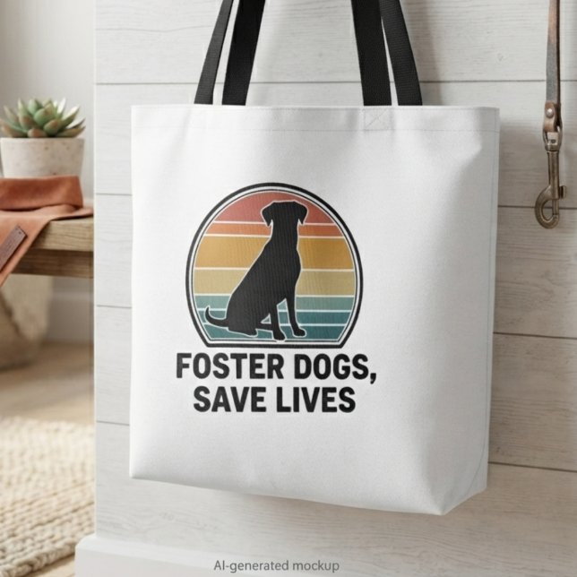 Retter-Hund-Rettungssonnenuntergang-Verfechter-Fei (Retro sunset foster dog advocate tote bag—inspiring holiday gift for animal rescue volunteers.)