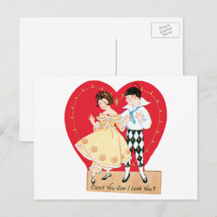 Retter Valentinstag, Vintage-Harlekin und Herz Feiertagspostkarte
