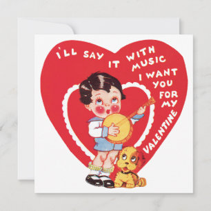 Retter Valentinstag, Vintage-Jungen-Musik Banjo Feiertagskarte