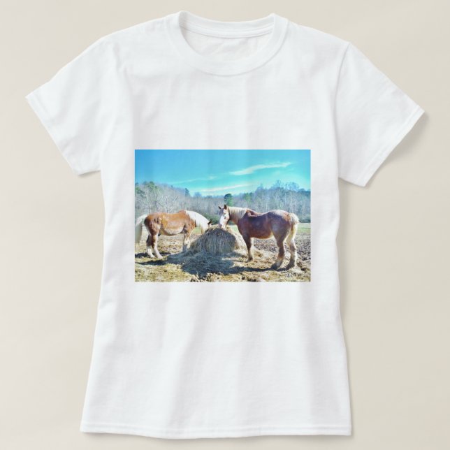 Rettet Pferde, die Heu essen T-Shirt (Design vorne)