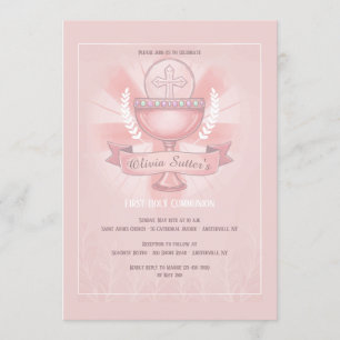 Revered Chalice First Heilige Kommunion Pink Einladung
