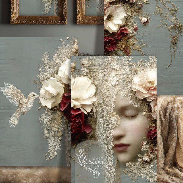 Reverie in Bloom Triptych Heavyweight Decoupage Geschenkpapier Set (Close up of a woman in flowers & lace, with burgundy, beige and sage green blue colours)