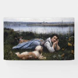 Reverie (Mädchen, die mit ihrem Hund auf der Gras  Banner