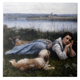 Reverie (Mädchen, die mit ihrem Hund auf der Gras  Fliese