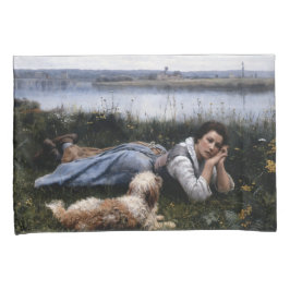 Reverie (Mädchen, die mit ihrem Hund auf der Gras  Kissenbezug