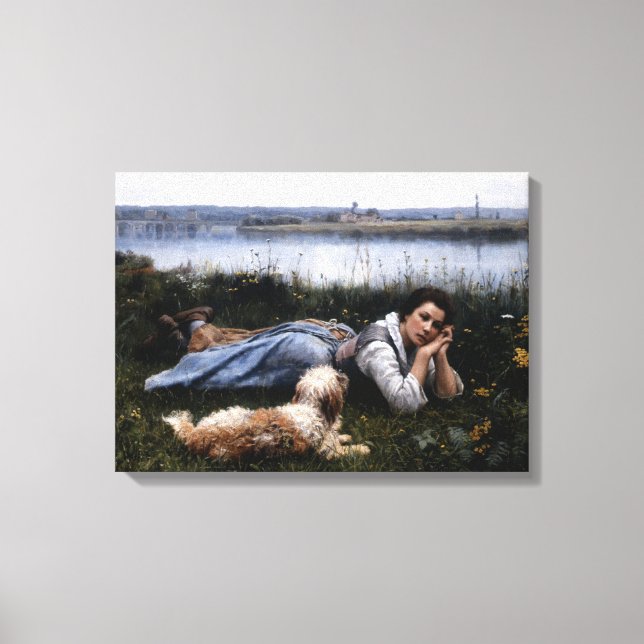 Reverie (Mädchen, die mit ihrem Hund auf der Gras  Leinwanddruck (Vorderseite)