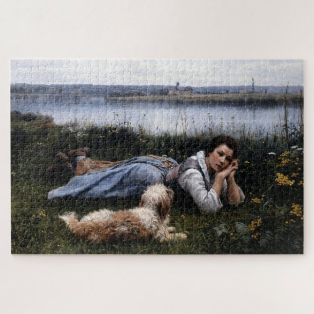 Reverie (Mädchen, die mit ihrem Hund auf der Gras  Puzzle (Horizontal)