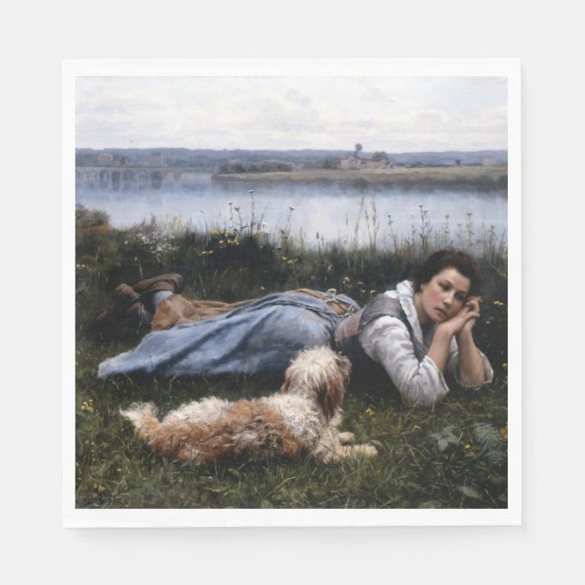Reverie (Mädchen, die mit ihrem Hund auf der Gras  Serviette (Vorderseite)