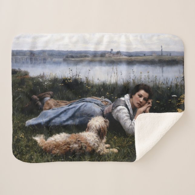 Reverie (Mädchen, die mit ihrem Hund auf der Gras  Sherpadecke (Vorderseite (Horizontal))