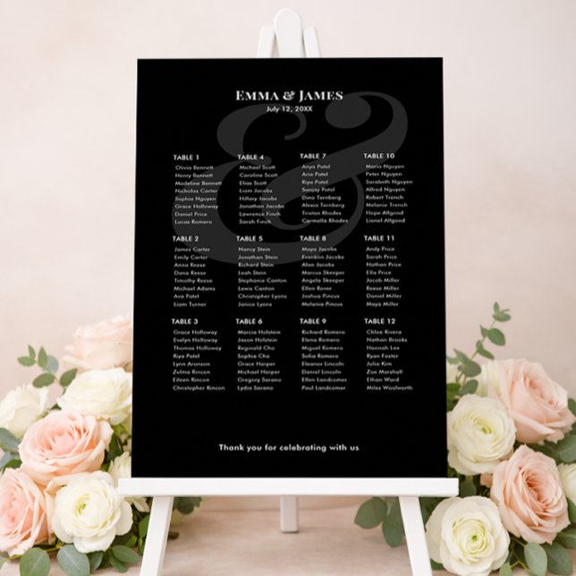 REVERSE Black Und-Zeichen-Hochzeit | 12 Sitzplan Poster (Minimalist black wedding seating chart for 12 with white text and modern ampersand layout.)