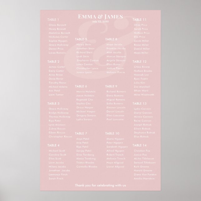 REVERSE Blush Ampersand Hochzeit | 14 Sitzplan Poster (Vorne)