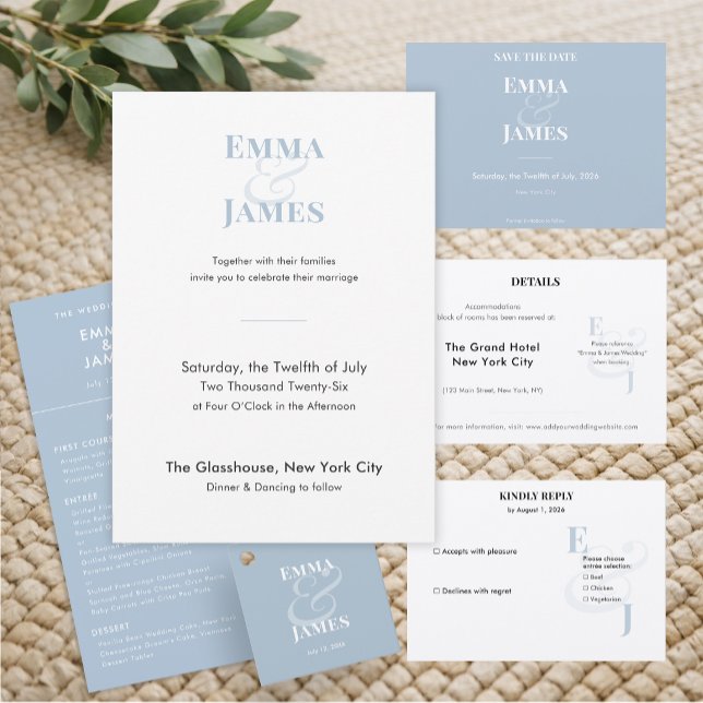 Reverse D Blue Et-Zeichen Hochzeit | Save the Date (Reverse dusty blue horizontal save the date with modern minimalist type for a serene look.)