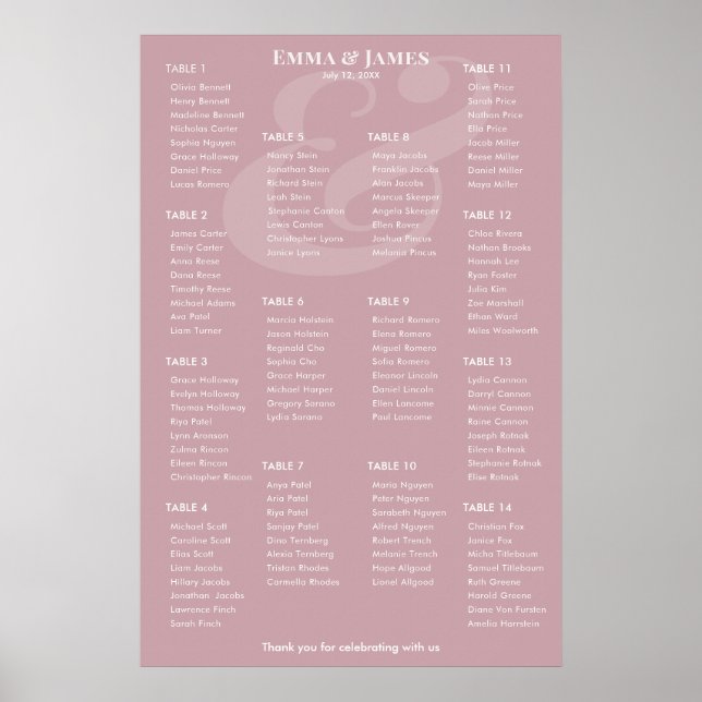 REVERSE Mauve-Etikett Hochzeit | 14 Sitzplan Poster (Vorne)
