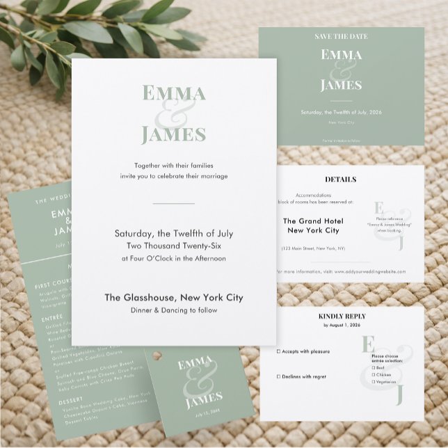 Reverse Sage Ampersand Hochzeit | Save the Date (Horizontal reverse sage save the date featuring clean minimalist typography for a soft, calm style.)