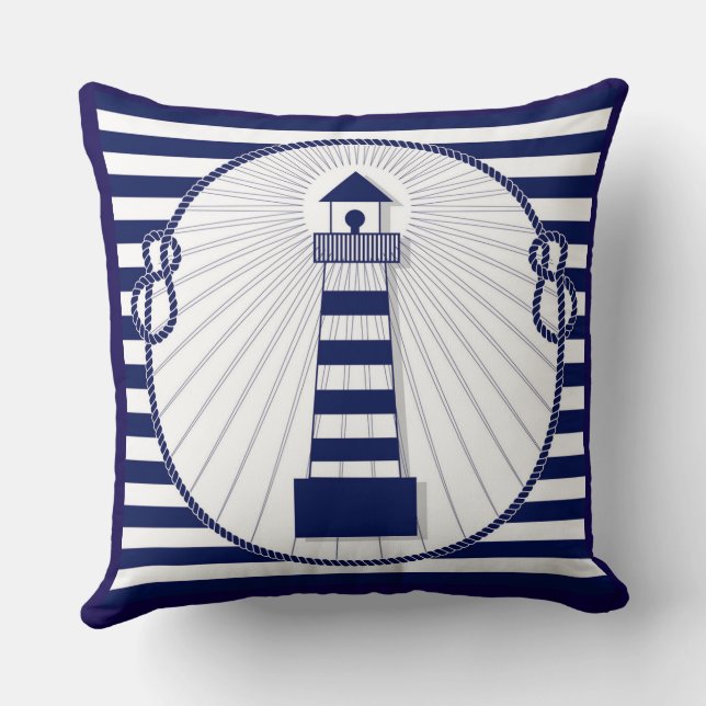 Reversible Marine Stripes Lighthouse Blau Kissen (Rückseite)