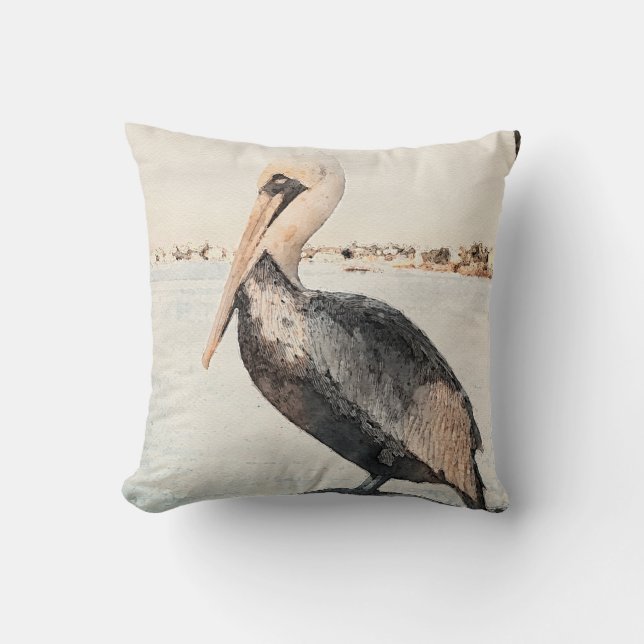 Reversible Pelican Watercolor und Beach Pillow Kissen (Vorderseite)
