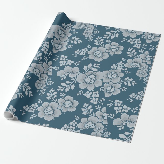 Reversible weiße Blume Folialblau Hintergrund Geschenkpapier (Ungerollt)