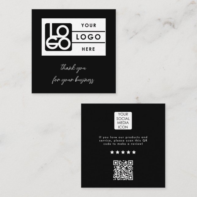 Review Link Business Logo QR Code Thank You Black Quadratische Visitenkarte (Vorne/Hinten)