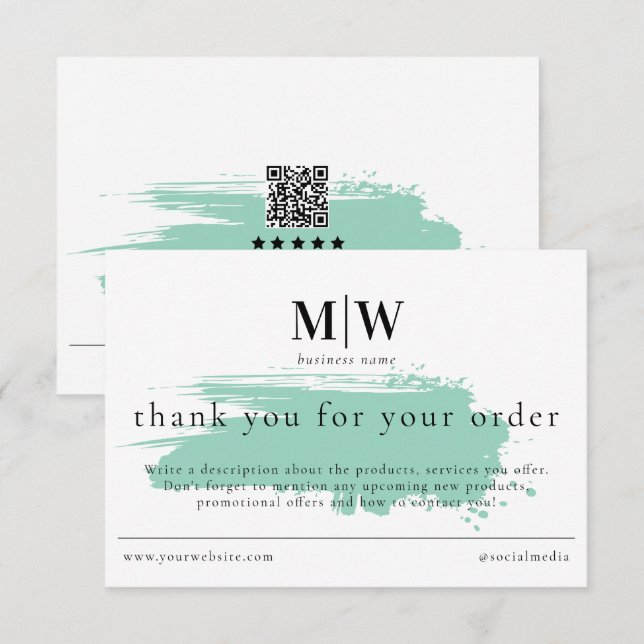 Review Order Packaging Insert Green Monogram Info Dankeskarte (Vorne/Hinten)